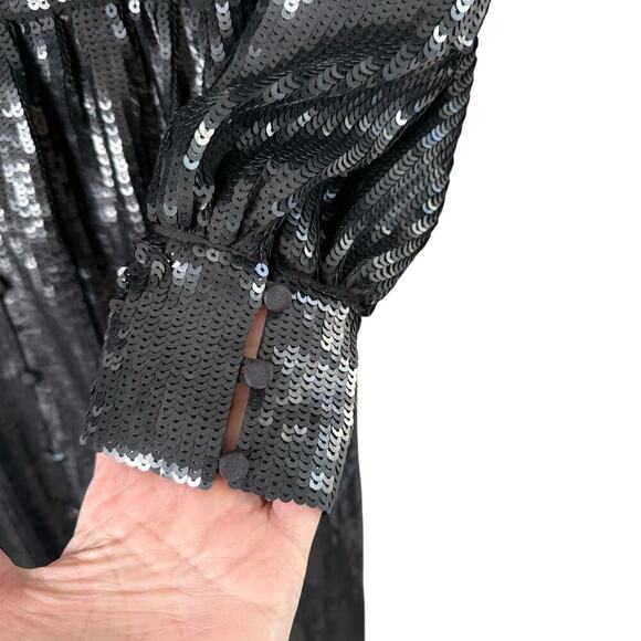 NWT Joie‎ Black Sequin Kyria Midi Dress Long Sleeves Button Front V-Neck, Size 4 - Picture 11 of 16